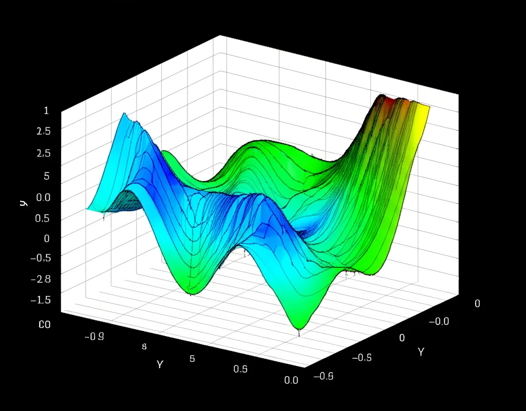 Grafico matematico astratto che mostra l'evoluzione di una funzione con picchi che diventano limitati nel tempo. Assi X e Y rappresentano lo spazio, l'asse Z l'ampiezza della soluzione 'u'. Colori vibranti indicano l'intensità. Lente macro 100mm per focalizzare sui dettagli dei picchi che si appiattiscono, illuminazione controllata da studio per chiarezza.