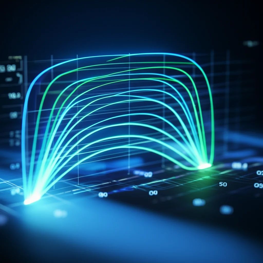 Visualizzazione astratta di dati scientifici su uno schermo digitale futuristico, linee luminose che formano curve ROC (Receiver Operating Characteristic) con valori AUROC elevati (0.90, 0.88), colori blu e verde neon, profondità di campo, concetto di precisione diagnostica e validazione.