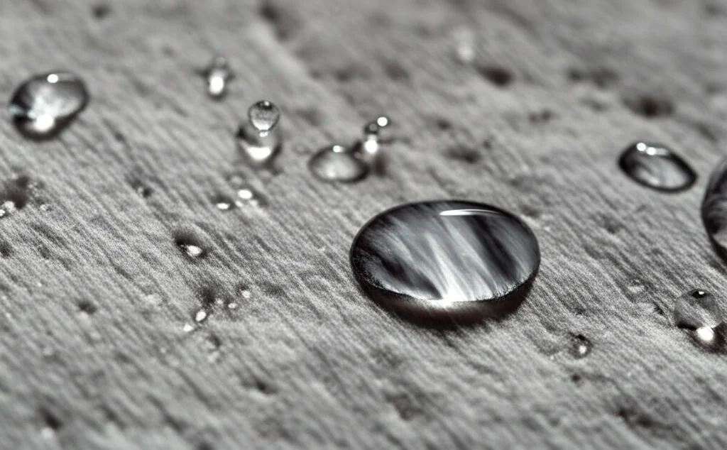 Fotografia macro di gocce d'acqua che si diffondono rapidamente su carta assorbente porosa. Lente macro 60mm, alta velocità dell'otturatore per congelare il movimento dell'acqua, illuminazione laterale per evidenziare la texture della carta e la diffusione del liquido, dettagli elevati delle fibre della carta e dei bordi frastagliati dell'acqua.