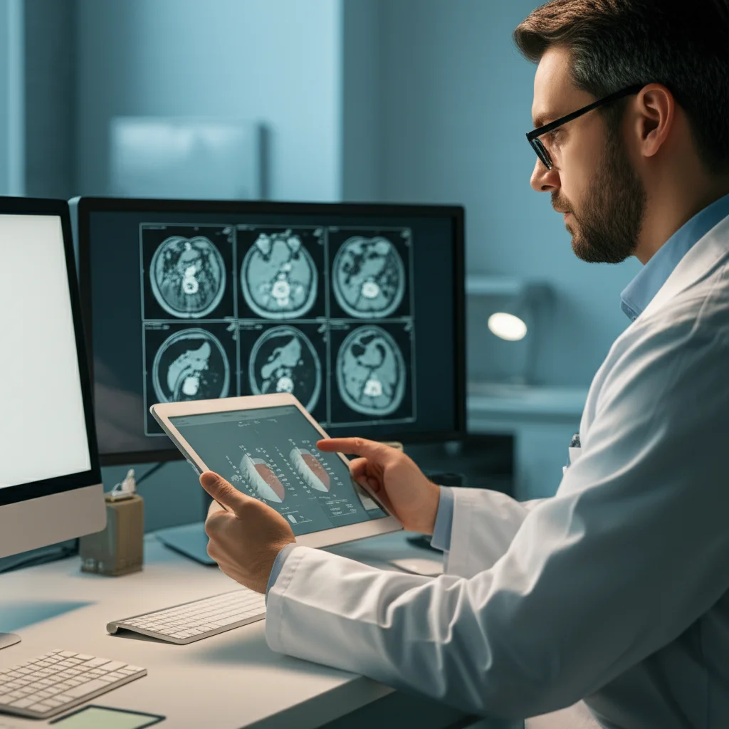 Medico oncologo in camice bianco che esamina attentamente dati complessi su un tablet (mostrando grafici simili a curve ROC e punteggi EV TR Score) affiancati a una scansione MRI del fegato su un monitor in un ambiente clinico moderno e luminoso, focus sui dati, lente 35mm, luce soffusa, concetto di integrazione tra biopsia liquida e imaging.
