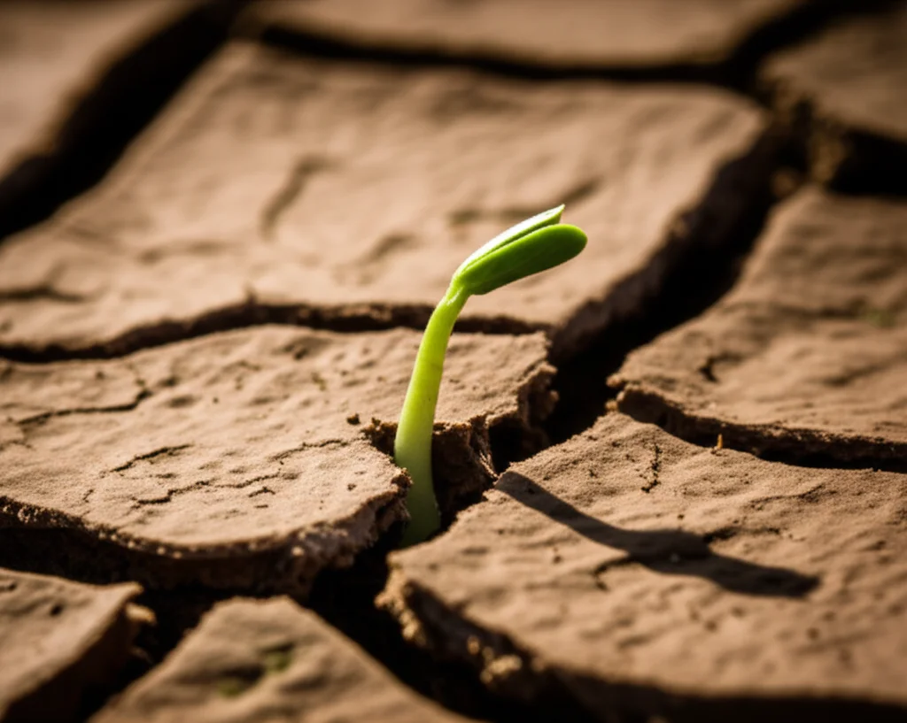 Fotografia macro, obiettivo 60mm, ad alto dettaglio e con illuminazione controllata, di una crepa nel terreno arido da cui spunta a fatica un piccolo germoglio verde, simboleggiando le difficoltà della crescita in condizioni di povertà.