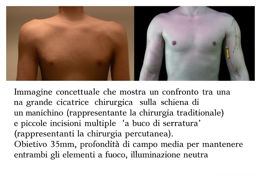 Immagine concettuale che mostra un confronto tra una grande cicatrice chirurgica sulla schiena di un manichino (rappresentante la chirurgia tradizionale) e piccole incisioni multiple 'a buco di serratura' (rappresentanti la chirurgia percutanea). Obiettivo 35mm, profondità di campo media per mantenere entrambi gli elementi a fuoco, illuminazione neutra.
