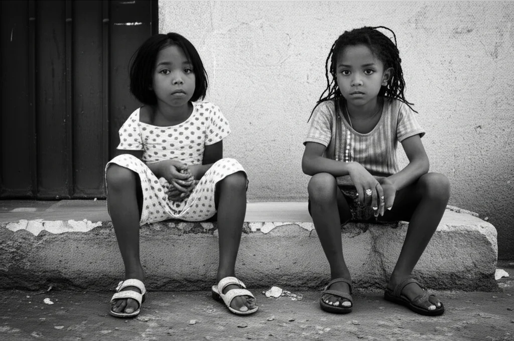 Ritratto fotografico, obiettivo 35mm, stile film noir con profondità di campo, che mostra due bambine, una Nera e una Bianca, sedute vicine su un marciapiede in un quartiere dall'aspetto difficile, con espressioni serie ma solidali, a simboleggiare il carico condiviso della povertà.