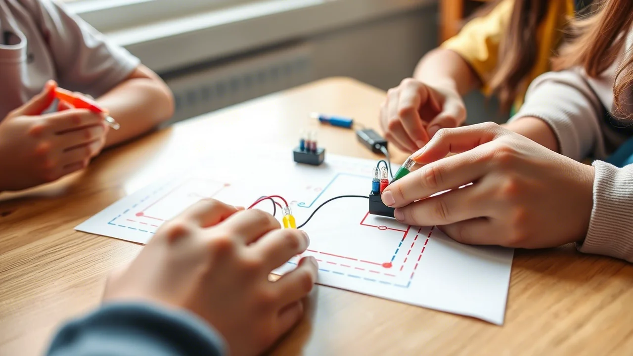 Primo piano di mani di bambini (circa 11-12 anni) che utilizzano clip a coccodrillo colorate per collegare piccole lampadine LED a un portabatterie su un template bianco stampato in 3D che guida la costruzione di un circuito parallelo. L'ambiente è un banco di scuola luminoso. Macro lens, 85mm, high detail, precise focusing, luce naturale da finestra laterale.