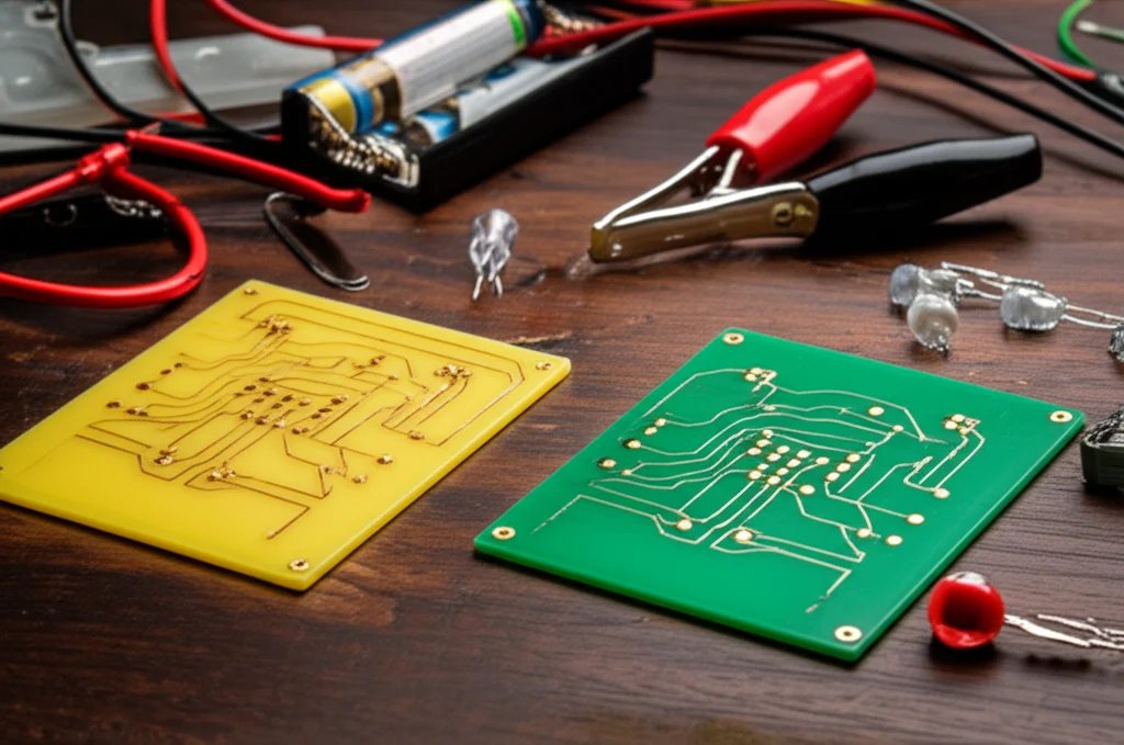 Still life di due template per circuiti stampati in 3D, uno giallo per il circuito serie e uno blu per il parallelo, appoggiati su un banco di legno scuro. Accanto ci sono componenti sparsi: clip a coccodrillo rosse e nere, piccole lampadine LED, un portabatterie AA. Macro lens, 100mm, high detail, controlled lighting soffusa dall'alto, shallow depth of field che mette a fuoco i dettagli dei template.