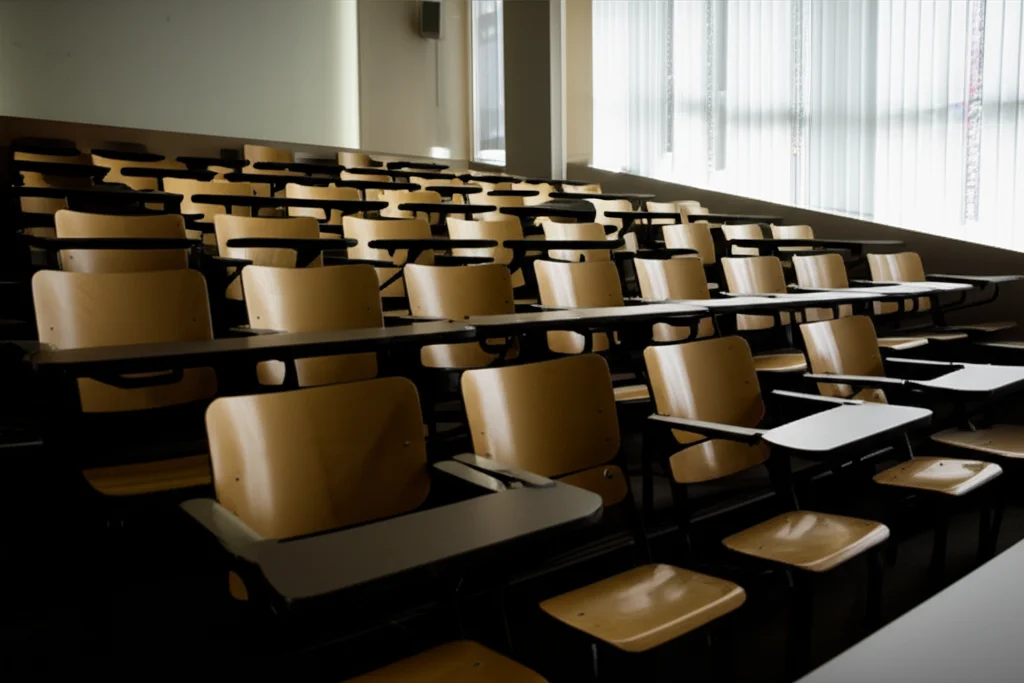 Un'aula universitaria moderna e luminosa, ma con una sezione di sedie vuote in penombra, simboleggiando l'emarginazione di certe discipline come la teologia. Luce naturale laterale, obiettivo grandangolare 24mm, messa a fuoco nitida.