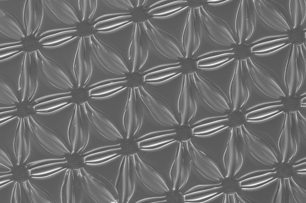 Macro fotografia, 80mm lens, di un film polimerico flessibile e trasparente (PDMS) con microstrutture ripetute a forma di clessidra ispirate alla superficie di una stella marina. Illuminazione controllata che evidenzia l'alto aspect ratio e la texture. Alta definizione, messa a fuoco precisa.