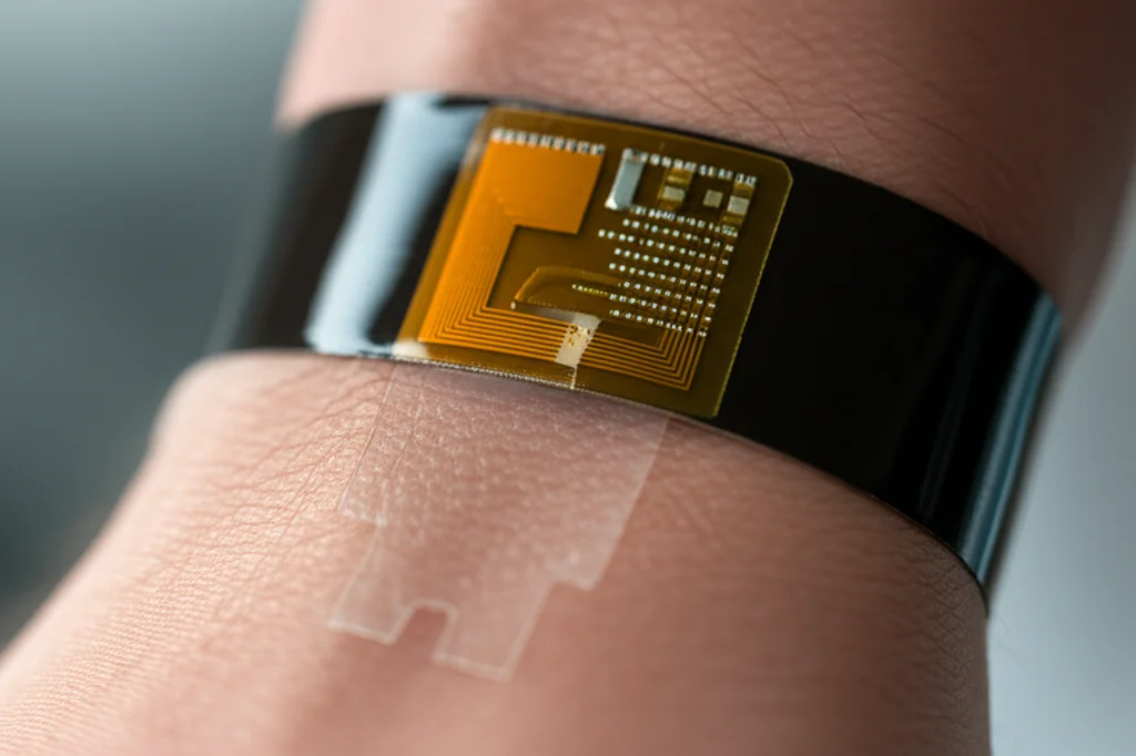 Close-up photo, 50mm prime lens, di un sistema elettronico flessibile attaccato a un polso umano. Il sistema mostra il film sensore microstrutturato e sottili componenti memristivi flessibili. Focus sull'interfaccia sensore-pelle, catturando la pressione del movimento del polso. Profondità di campo.