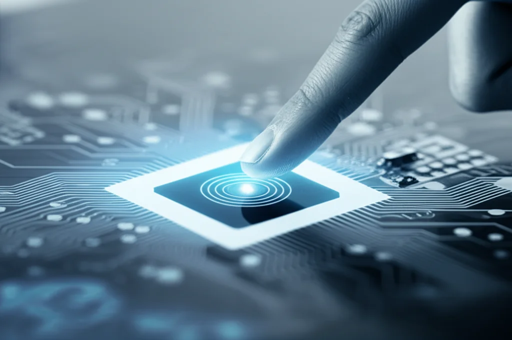 Immagine concettuale, elementi fotorealistici. Un dito tocca leggermente la superficie del sensore, con deboli segnali elettrici (linee luminose sottili) che viaggiano verso un componente memristivo. Sfondo leggermente sfocato. Effetto duotone, forse blu e grigio.