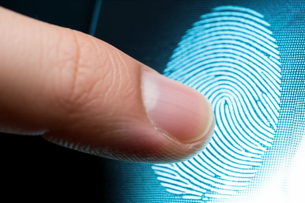 Scatto dall'alto, obiettivo macro (100mm), focalizzato su un polpastrello che preme su un array di sensori. Una debole rappresentazione digitale dell'impronta appare sovrapposta o vicina, mostrando la riduzione del rumore o l'edge detection. Alta definizione, illuminazione controllata.