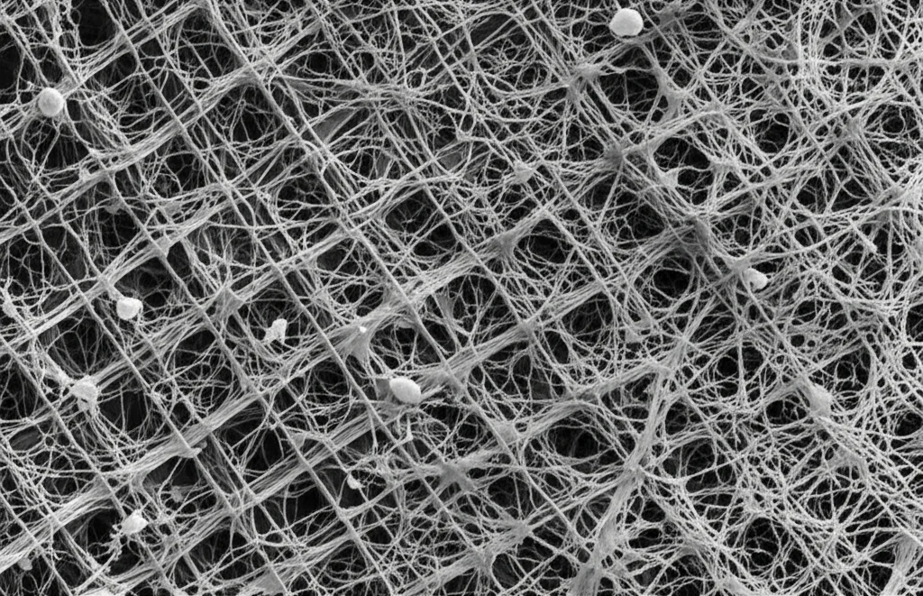 Microscopia elettronica a scansione (SEM) fotorealistica che mostra cellule fibroblastiche 3T3 che aderiscono e si diffondono su una rete di nanofibre porose dello scaffold PLA/fieno greco. Alta definizione, illuminazione da laboratorio, dettagli delle interazioni cellula-fibra visibili, per illustrare la biocompatibilità e la promozione della crescita cellulare.