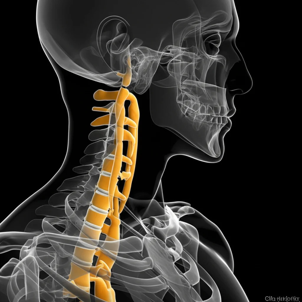 Visualizzazione 3D da Angio-RM (MRA) del rachide cervicale che evidenzia il percorso anomalo dell'arteria vertebrale segmentale C5, alta definizione, illuminazione controllata per dettaglio diagnostico, focus preciso sui vasi.