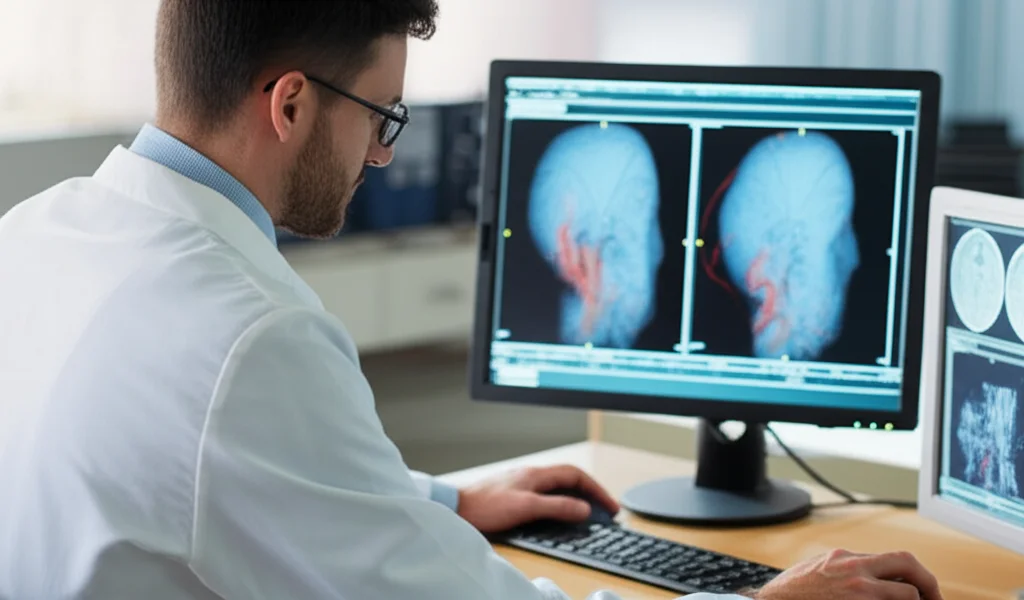 Medico specialista che analizza attentamente immagini Angio-RM del cervello e del collo su uno schermo ad alta risoluzione in uno studio medico, evidenziando l'arteria vertebrale anomala, profondità di campo, illuminazione controllata.