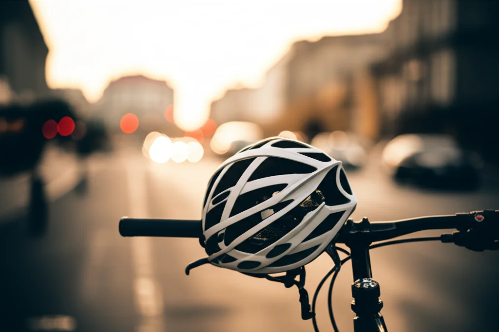 Fotografia di un casco da bicicletta appoggiato su un manubrio, con sfondo sfocato di una strada cittadina al tramonto, obiettivo prime 35mm, profondità di campo, toni caldi.