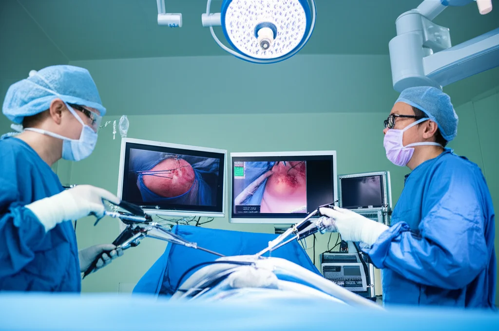 Immagine fotorealistica di una sala operatoria moderna e high-tech durante un intervento di chirurgia laparoscopica gastrica. Focus sui monitor che mostrano l'interno dell'addome e sulle mani guantate del chirurgo che manovrano strumenti laparoscopici. Luce controllata, alta definizione. Obiettivo macro 80mm.