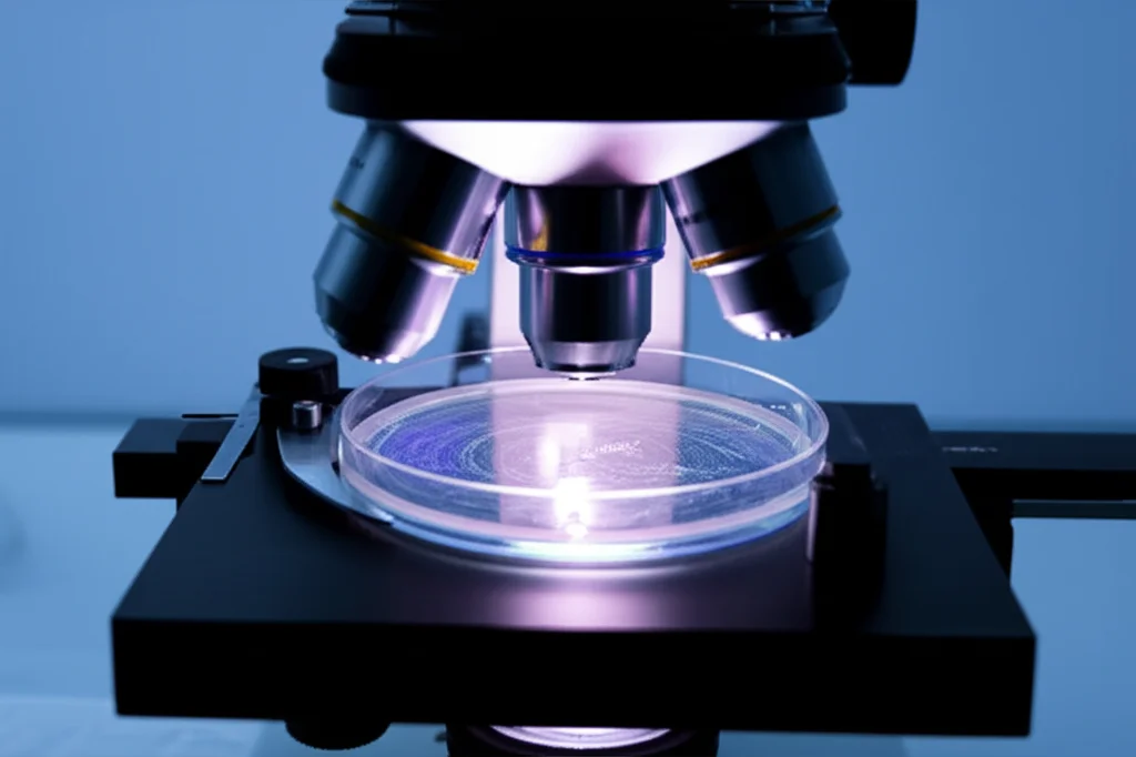 Microscopio in un laboratorio di ricerca medica avanzato, focalizzato su una piastra di Petri illuminata dal basso, contenente colture cellulari di cellule staminali endometriali che mostrano la tipica morfologia fusiforme e crescita a vortice. Lente macro 100mm, illuminazione controllata e precisa, alta definizione dei dettagli cellulari, sfondo leggermente sfocato per enfatizzare la piastra.