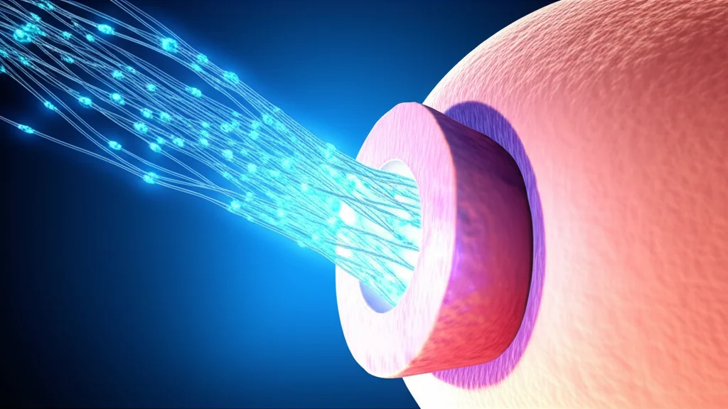 Illustrazione medica 3D fotorealistica che mostra una sezione trasversale dell'utero con evidenza di aree danneggiate (aderenze) e l'infusione di cellule staminali luminose che si integrano nel tessuto endometriale promuovendo la rigenerazione e la guarigione. Colori caldi (rosa, rosso tenue) per l'endometrio sano, aree più scure per le aderenze, luce emanata dalle cellule staminali. Lente macro 80mm, alta definizione, focus selettivo sulla zona di interazione cellule-tessuto.
