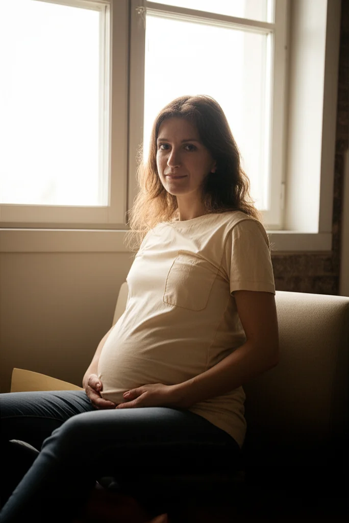 Ritratto fotografico emozionale di una donna di circa 35 anni, seduta vicino a una finestra con luce naturale diffusa che le illumina il volto. Ha un'espressione serena e piena di speranza, magari tiene delicatamente una mano sul grembo. Profondità di campo ridotta per sfocare lo sfondo e concentrarsi sull'emozione. Lente prime 50mm, toni caldi e morbidi, stile filmico leggero.