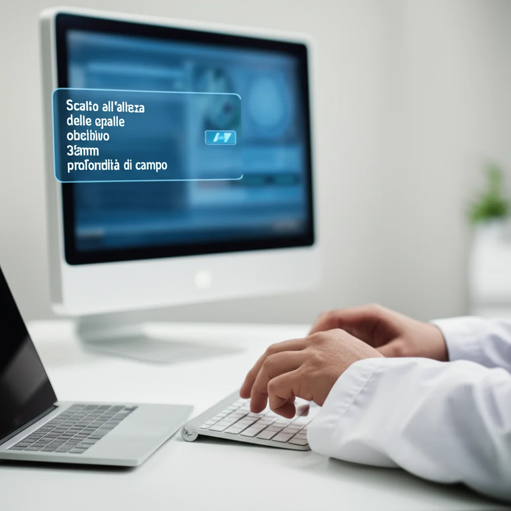 Scatto all'altezza delle spalle, obiettivo 35mm, profondità di campo, che mostra le mani di un medico che digitano su una tastiera con uno schermo di computer sullo sfondo che visualizza un software medico con una casella di suggerimento per l'espansione automatica evidenziata.