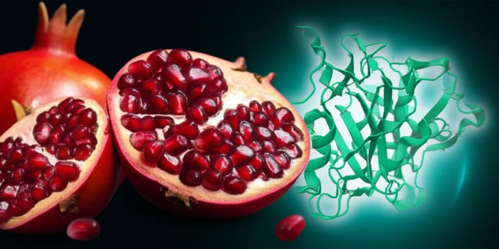 Fotografia macro con obiettivo da 90mm di semi di melograno vibranti accanto a una rappresentazione 3D stilizzata e luminosa della proteina del recettore MET, su uno sfondo scuro. Illuminazione controllata che evidenzia i dettagli dei semi e la struttura della proteina, simboleggiando l'interazione tra composti naturali e bersagli molecolari nel cancro. Alta definizione, messa a fuoco precisa.