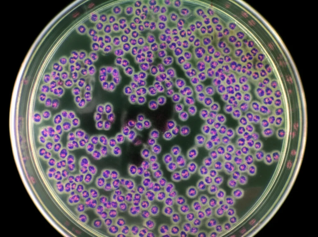 Scatto con obiettivo macro da 100mm che mostra piastre di Petri sotto un microscopio. A fuoco ci sono cellule di adenocarcinoma gastrico, alcune delle quali mostrano chiari segni di apoptosi (forma arrotondata, piccole vescicole sulla membrana). Illuminazione da laboratorio controllata, messa a fuoco precisa sulle cellule alterate, alta definizione.