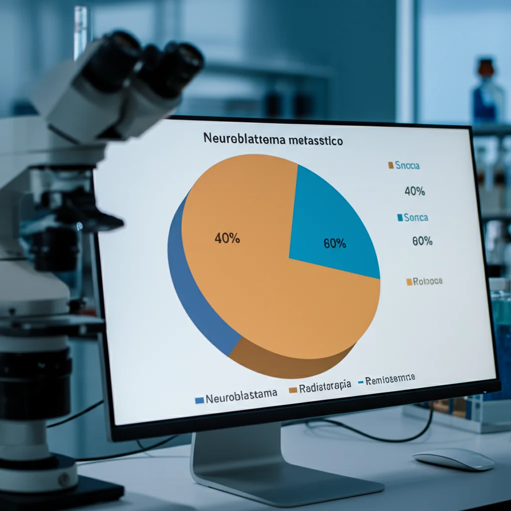 Grafico a torta stilizzato che mostra la proporzione di pazienti con neuroblastoma metastatico trattati con radioterapia (circa 40%) e senza (circa 60%), visualizzato su uno schermo di computer in un ambiente di ricerca medica, obiettivo 50mm prime, luce soffusa, dettagli nitidi.