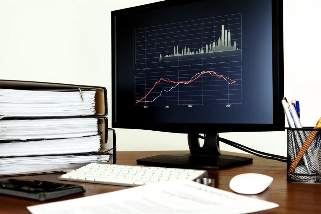 Immagine fotorealistica di diversi faldoni cartacei disordinati accanto a uno schermo di computer che mostra grafici frammentati e disconnessi, a simboleggiare la difficoltà nella raccolta dati prima di ZH-CLASSIC. Illuminazione controllata, obiettivo macro 90mm, alta definizione, dettagli precisi.