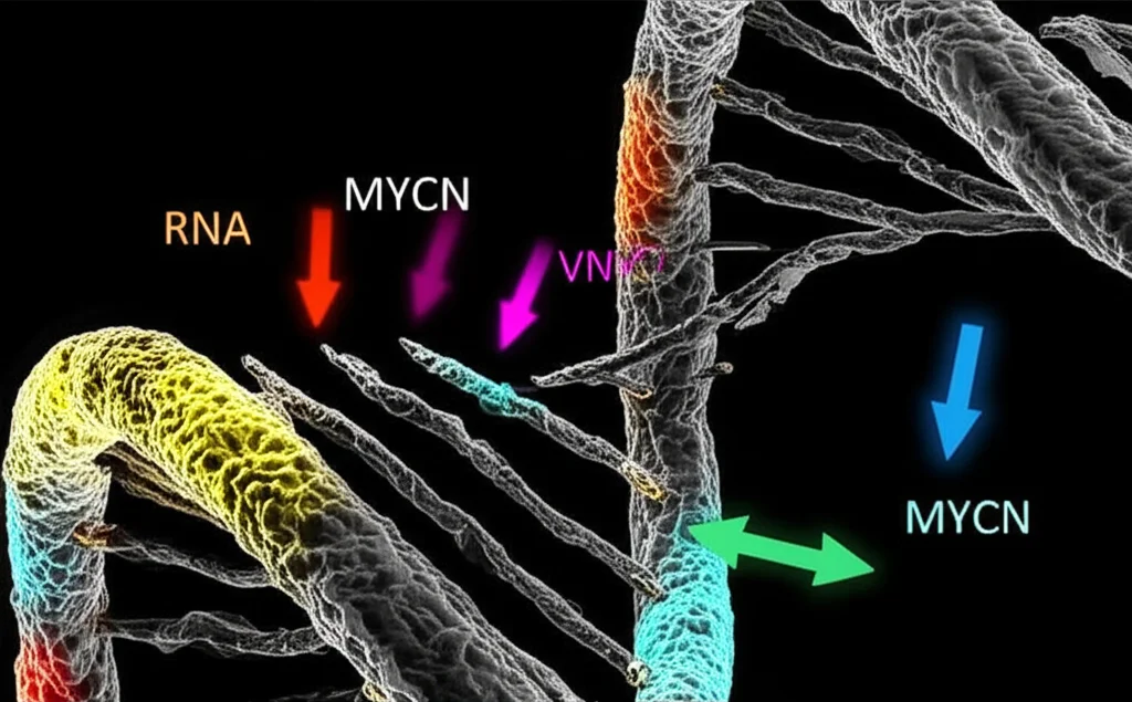 Immagine al microscopio di una sequenza di DNA con evidenziati specifici marcatori genetici come MYCN, rappresentante la medicina personalizzata nel neuroblastoma, obiettivo macro 100mm, alta definizione, illuminazione da laboratorio controllata.