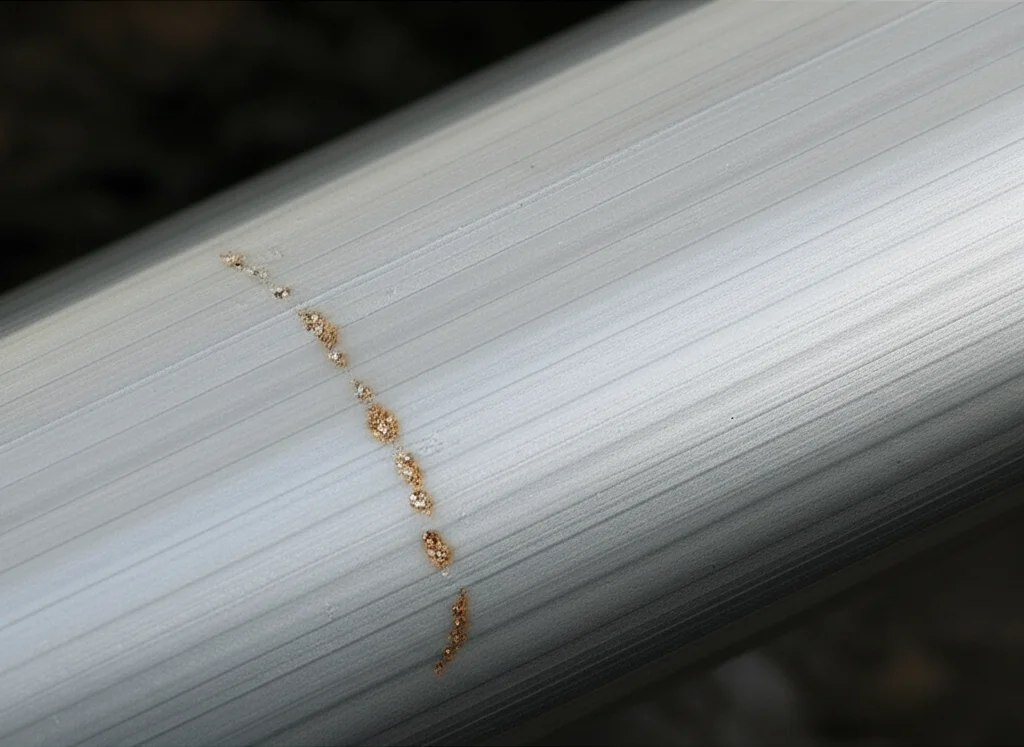 Primo piano macro di un difetto superficiale, come un graffio o una vaiolatura da corrosione, sulla superficie lucida di un asse ferroviario in acciaio. Illuminazione controllata per evidenziare la texture del difetto. Obiettivo macro 60mm, alta definizione.