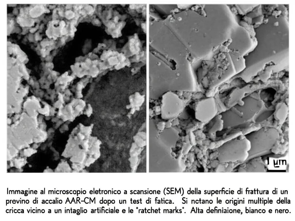 Immagine al microscopio elettronico a scansione (SEM) della superficie di frattura di un provino di acciaio AAR-CM dopo un test di fatica. Si notano le origini multiple della cricca vicino a un intaglio artificiale e le 'ratchet marks'. Alta definizione, bianco e nero.