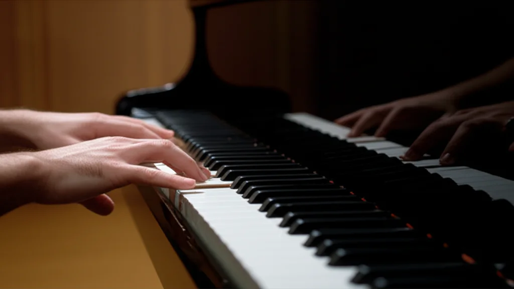 Primo piano delle mani di un pianista sui tasti di un pianoforte a coda in una sala da concerto vuota, luce soffusa proveniente dall'alto, focus selettivo sulle mani e sui tasti, atmosfera intima e concentrata, lente macro 100mm, alta definizione.