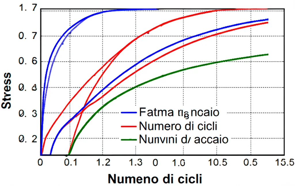 Grafico scientifico che mostra diverse curve S-N (Stress vs Numero di cicli) per provini di acciaio con e senza intagli. Linee colorate diverse rappresentano geometrie di intaglio differenti. Stile pulito e accademico.