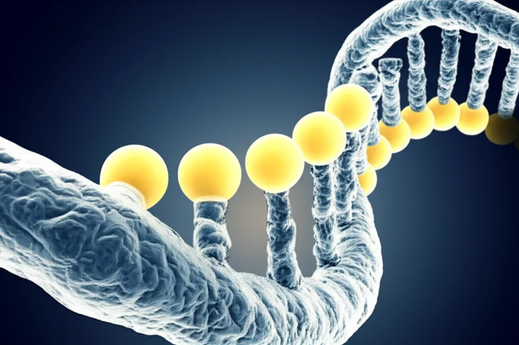 Visualizzazione astratta di un filamento di DNA con gruppi metilici (sfere luminose) che vengono rimossi da un enzima (forma complessa traslucida) vicino al promotore del gene IL33, rappresentazione artistica dell'epigenetica, colori blu e oro duotone, profondità di campo.