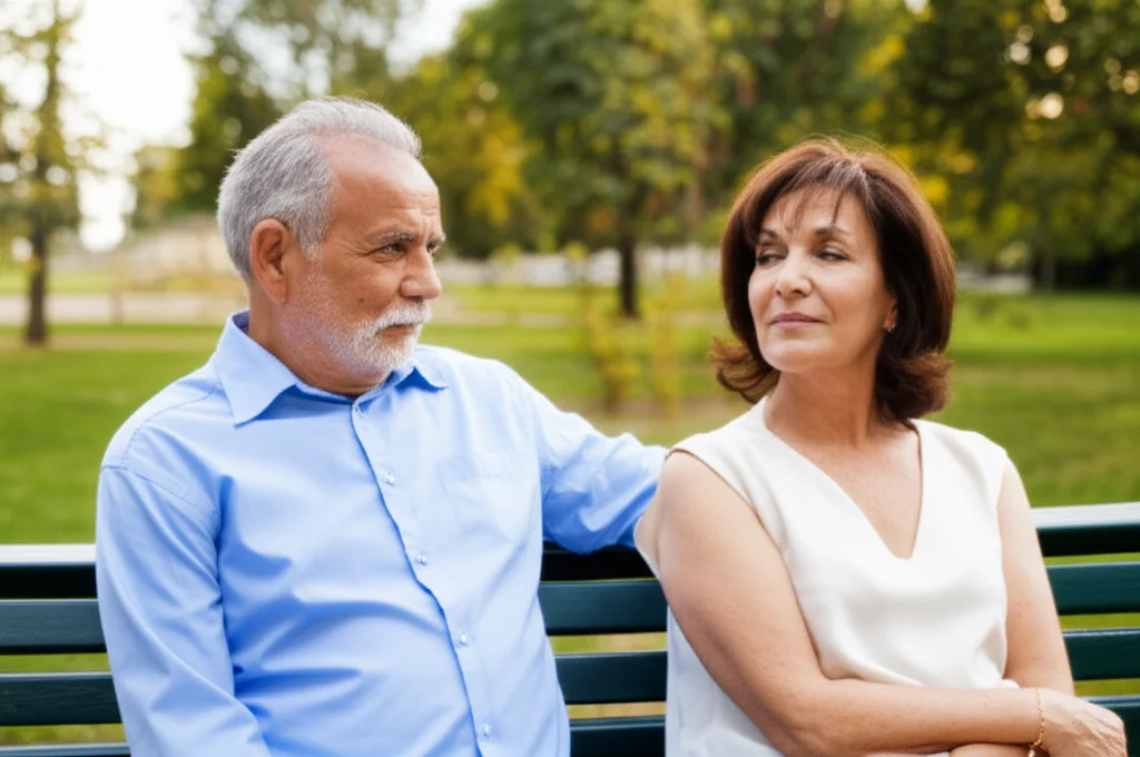 Un uomo e una donna di mezza età, seduti su una panchina in un parco tranquillo, guardano l'orizzonte con espressioni serene ma riflessive. Fotografia ritratto, obiettivo 35mm, profondità di campo, luce naturale morbida.