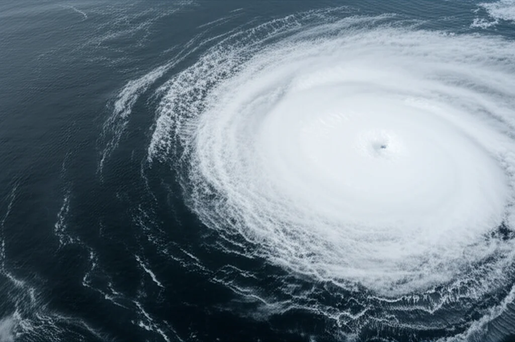 Vista aerea drammatica del Mar Cinese Meridionale durante un'intensa attività di cicloni tropicali pre-interruzione monsonica, obiettivo grandangolare 15mm, lunga esposizione per mostrare il movimento vorticoso delle nuvole basse e delle onde increspate, luce cupa pre-tempesta, interazione aria-mare evidente.