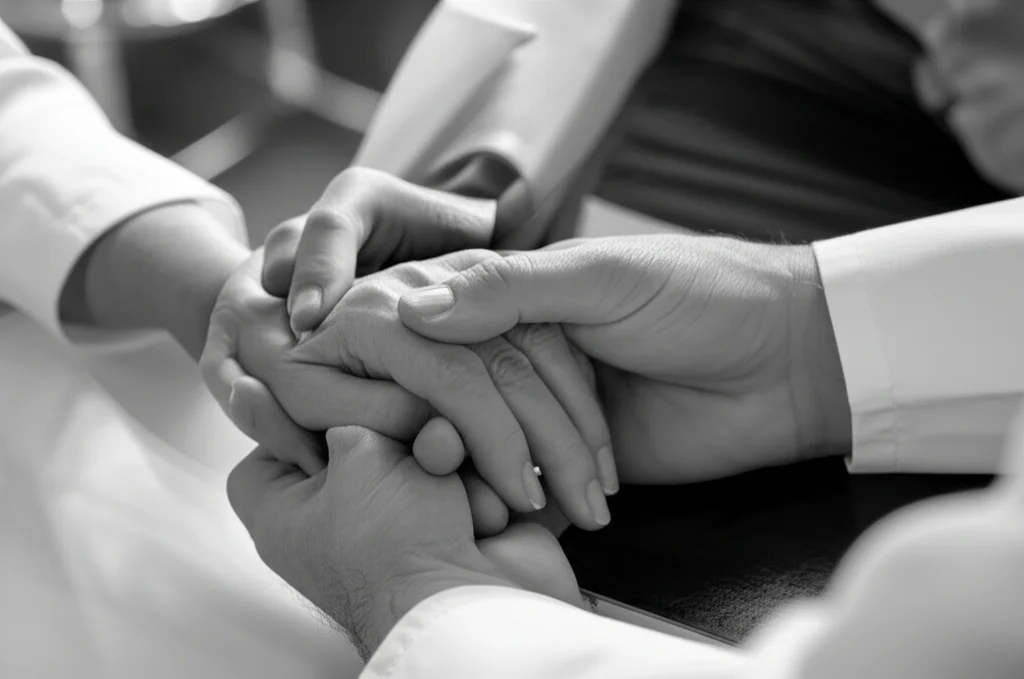 Mani di un medico e di un paziente (genere non specificato) che si stringono leggermente durante una consultazione, trasmettendo supporto ed empatia. Fotografia ritratto ravvicinato, obiettivo 50mm, profondità di campo ridotta, bianco e nero.