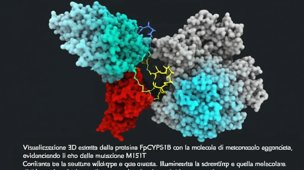 Visualizzazione 3D astratta della proteina FpCYP51B con la molecola di metconazolo agganciata, evidenziando il sito della mutazione M151T. Confronto tra la struttura wild-type e quella mutata. Illuminazione scientifica per dettaglio molecolare, sfondo neutro.