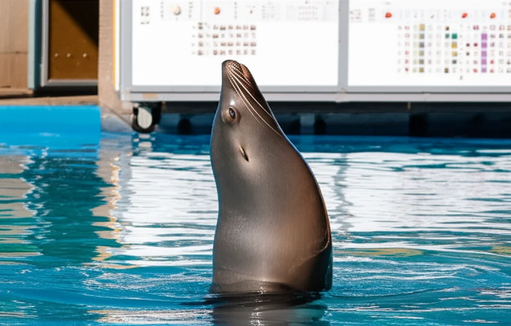 Fotografia naturalistica di un leone marino californiano (Zalophus californianus), forse Ronan, che esegue un movimento ritmico della testa su e giù vicino a un pannello di ricerca in un ambiente controllato all'aperto. Obiettivo teleobiettivo zoom (es. 100-400mm), alta velocità dell'otturatore per catturare il movimento, luce diurna naturale, tracciamento del movimento focalizzato sulla testa dell'animale. Sfondo con dettagli del laboratorio marino.