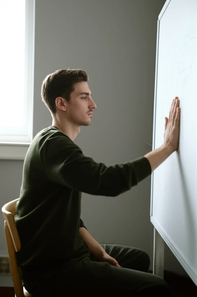 Fotografia di ritratto di un giovane adulto seduto su una sedia in un ambiente interno tranquillo, mentre esegue un movimento ritmico del braccio verso il basso ('chop') vicino a un pannello bianco, come descritto nello studio sugli umani. Obiettivo prime (es. 35mm), profondità di campo media per mostrare sia il soggetto che il contesto sperimentale, luce morbida da finestra laterale, espressione concentrata ma rilassata.