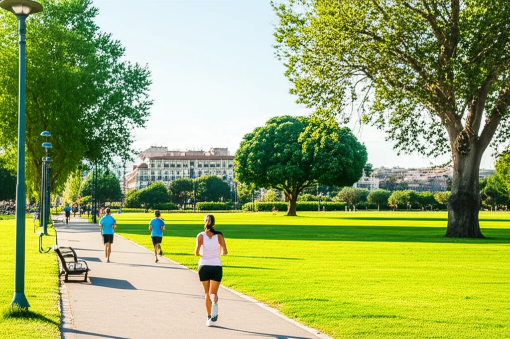Immagine fotorealistica di una città con aria visibilmente pulita al mattino presto, con persone che fanno jogging in un parco lussureggiante. Obiettivo grandangolare 20mm, luce naturale diffusa, messa a fuoco nitida su tutta la scena, colori vividi per sottolineare la salubrità.