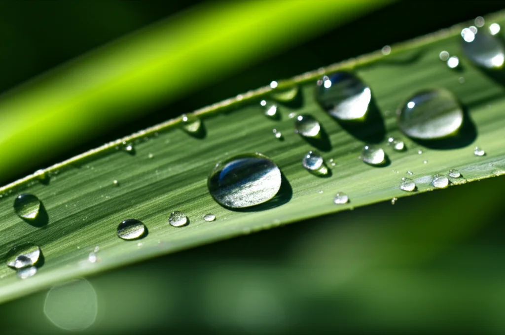 Foto macro di una foglia verde brillante con gocce di rugiada pulita, simbolo di un ambiente sano. Obiettivo macro 90mm, altissimo dettaglio sulla struttura della foglia e sulle gocce, illuminazione laterale morbida per creare profondità, sfondo sfocato.
