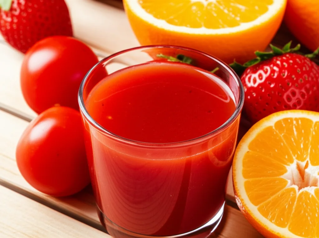 Fotografia macro con obiettivo da 100mm di un bicchiere di succo rosso-arancio vibrante (pomodoro e frutta mista) accanto a pomodori freschi, fragole e arance su una superficie di legno chiaro. Illuminazione controllata che enfatizza la freschezza e i colori vivaci, high detail, precise focusing.