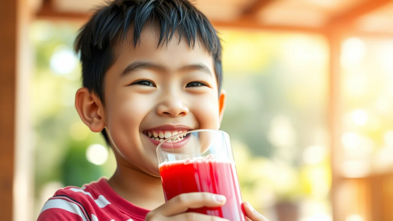 Fotografia ritratto, obiettivo 35mm, profondità di campo ridotta (depth of field). Un bambino sorridente di circa 9 anni, di etnia asiatica, beve felicemente da un bicchiere di succo rosso in un ambiente esterno luminoso e naturale, simboleggiando benessere e migliorata qualità della vita. Luce naturale.
