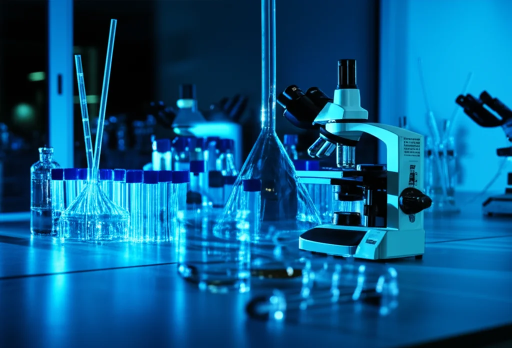 Fotografia grandangolare, obiettivo 15mm, long exposure. Un moderno laboratorio di ricerca medica di notte, con luci soffuse blu e bianche che illuminano banchi con attrezzature scientifiche (microscopi, provette). Nessuna persona visibile, focus nitido sulle attrezzature, evocando l'idea di ricerca futura e analisi approfondite. Sharp focus.