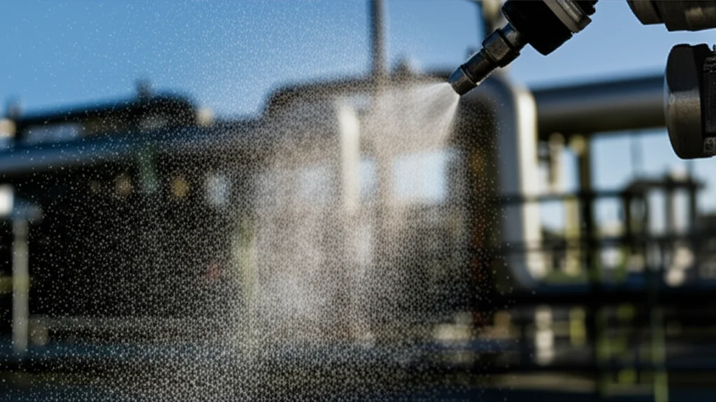 Vista macro con obiettivo da 85mm, alta definizione e illuminazione controllata, che mostra goccioline d'acqua microscopiche formare una nebbia fine da un ugello ad alta pressione, con uno sfondo industriale sfocato che rappresenta l'impianto di desalinizzazione.