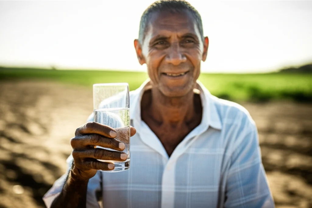 Fotografia ritratto, obiettivo 35mm, profondità di campo ridotta, che mostra una persona sorridente in un ambiente soleggiato e potenzialmente arido, mentre tiene in mano un bicchiere trasparente di acqua fresca desalinizzata, simbolo di speranza e accesso all'acqua pulita.