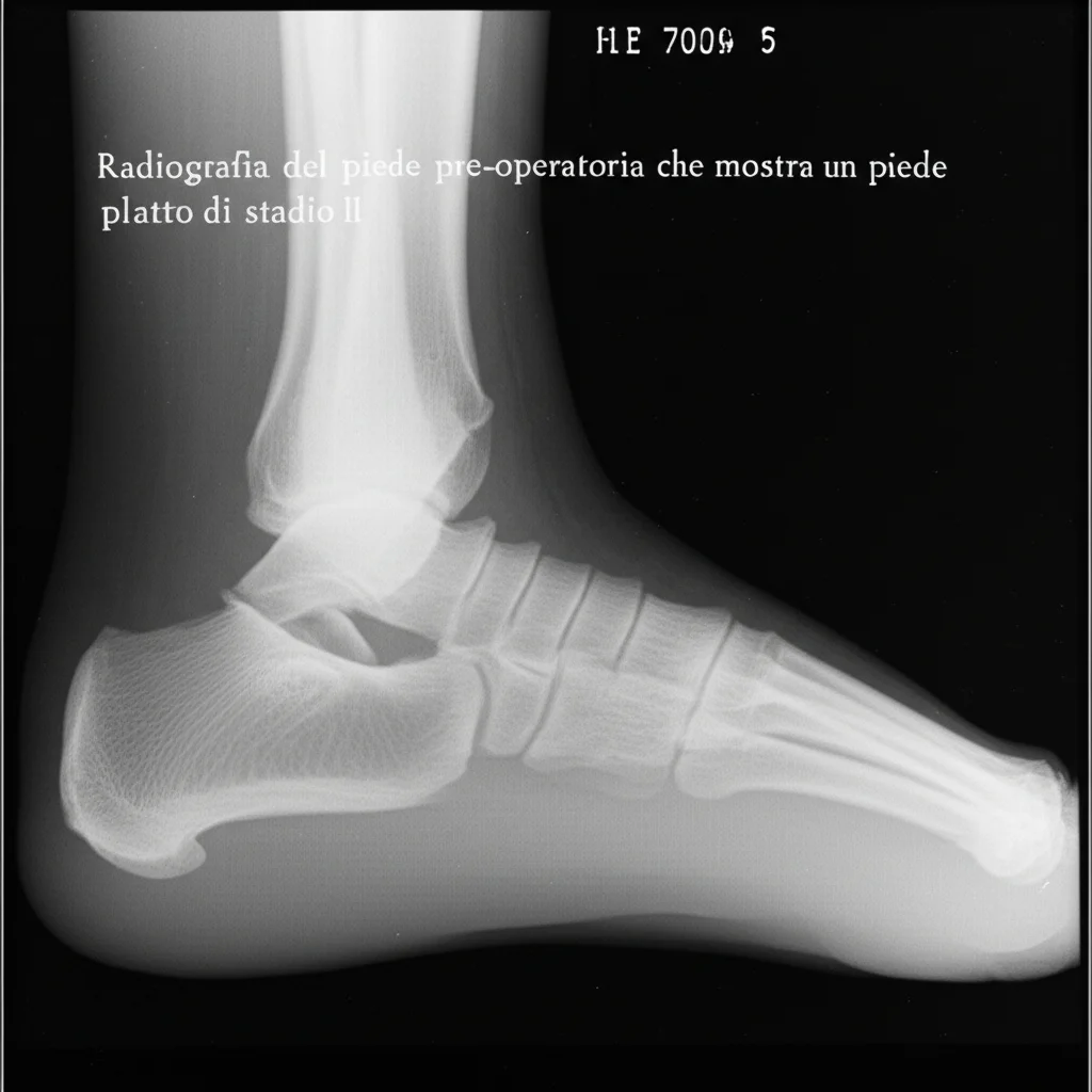 Radiografia del piede pre-operatoria che mostra un piede piatto di stadio II, immagine medica dettagliata in bianco e nero, stile film noir, obiettivo prime 35mm, profondità di campo.