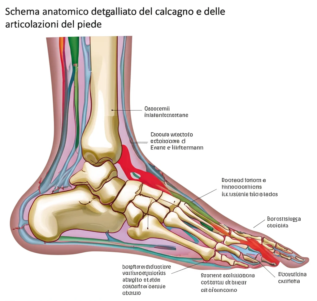 Schema anatomico dettagliato del calcagno e delle articolazioni del piede, evidenziando le linee di taglio per le osteotomie di Evans e Hintermann. Stile illustrazione medica, alta definizione, illuminazione controllata, macro lens 60mm.