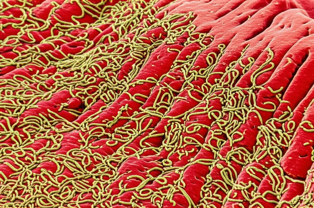 Microscopio elettronico a scansione che mostra batteri Helicobacter pylori sulla mucosa gastrica, immagine macro con obiettivo da 100mm, alta definizione, illuminazione controllata per evidenziare la struttura elicoidale dei batteri.