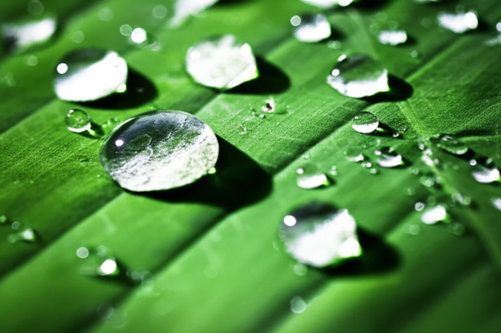 Macro fotografia (obiettivo 100mm) di gocce d'acqua su una foglia verde scuro, illuminazione controllata per evidenziare la texture e i dettagli, simboleggiando la 'pulizia' ma con un'ombra sottostante che suggerisce la dualità dei messaggi igienici e lo stigma associato alla 'sporcizia'.